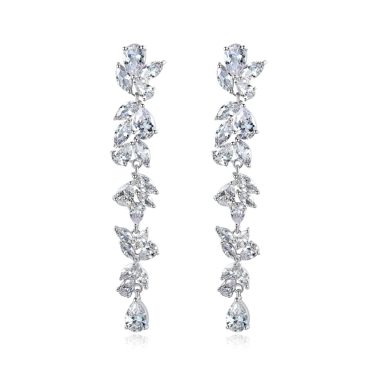 White Gold Plated Pear & Marquise Cubic Zirconia Long Drop Earrings AAA005