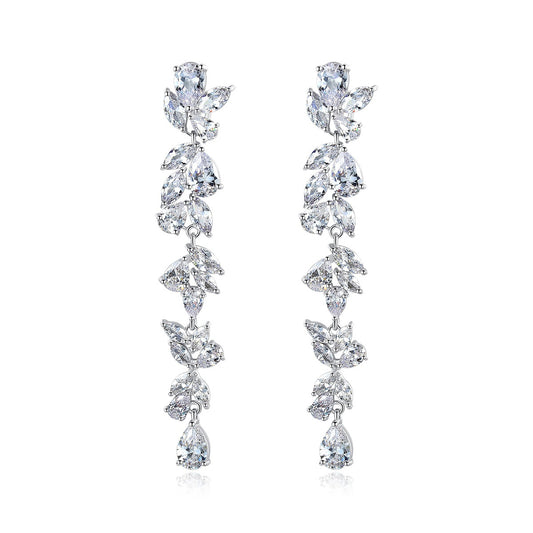 White Gold Plated Pear & Marquise Cubic Zirconia Long Drop Earrings AAA005