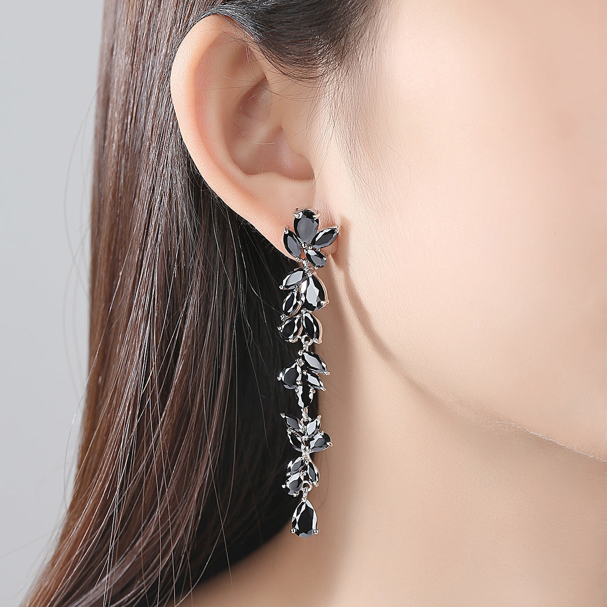 White Gold Plated Pear & Marquise Cubic Zirconia Long Drop Earrings AAA005