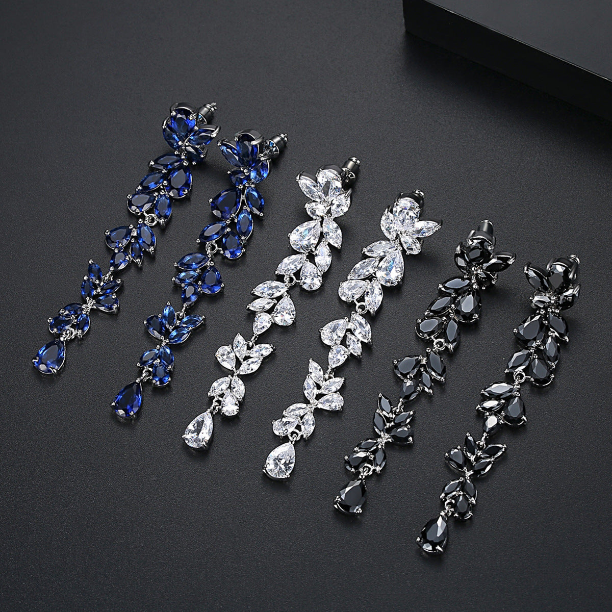 White Gold Plated Pear & Marquise Cubic Zirconia Long Drop Earrings AAA005