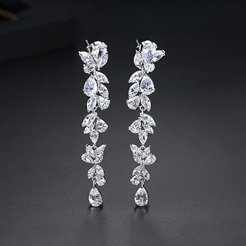 White Gold Plated Pear & Marquise Cubic Zirconia Long Drop Earrings AAA005