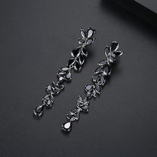 White Gold Plated Pear & Marquise Cubic Zirconia Long Drop Earrings AAA005