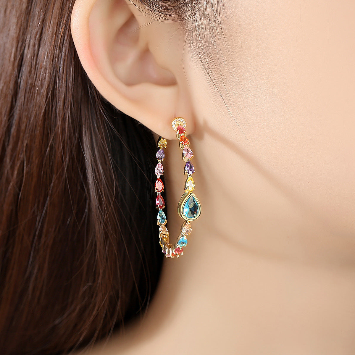 Mixed Color Pear Shape Cubic Zirconia Hoop Earrings AAA1046