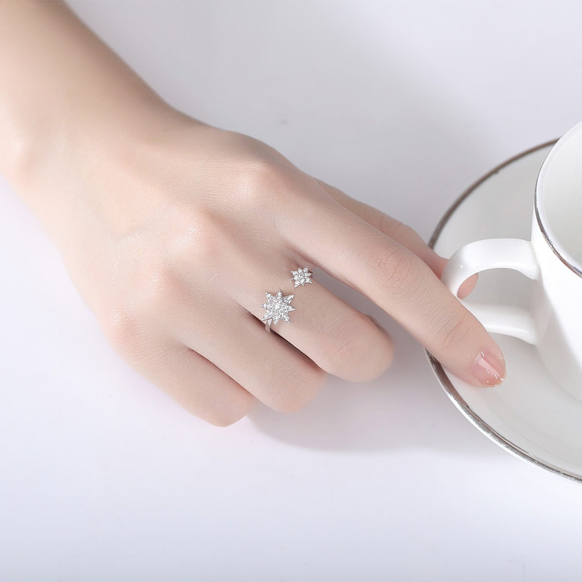 White Gold Plated Twin Star Cubic Zirconia Open Ring AAA1065