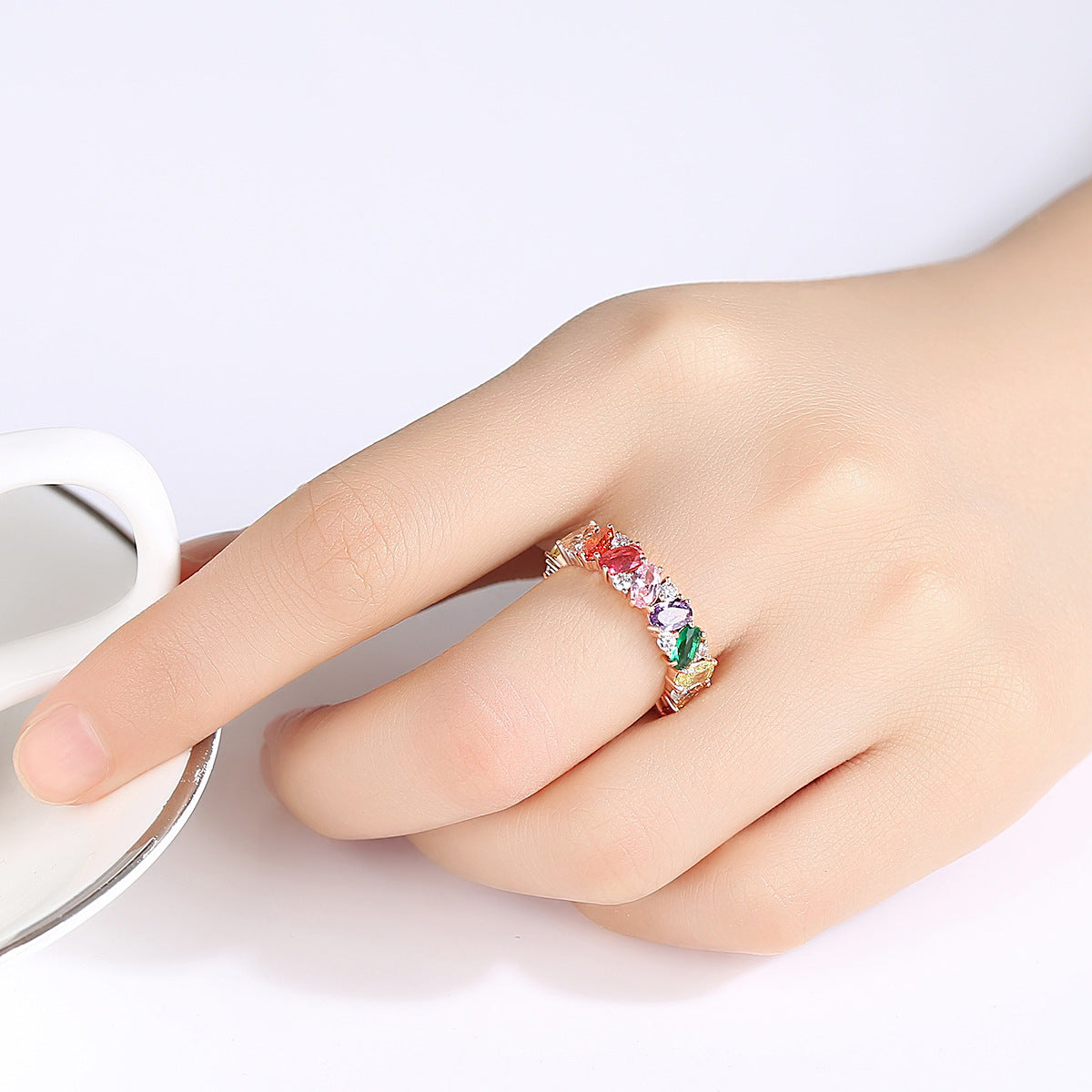 Gold Plated Rainbow Marquise Cubic Zirconia Band Ring AAA107