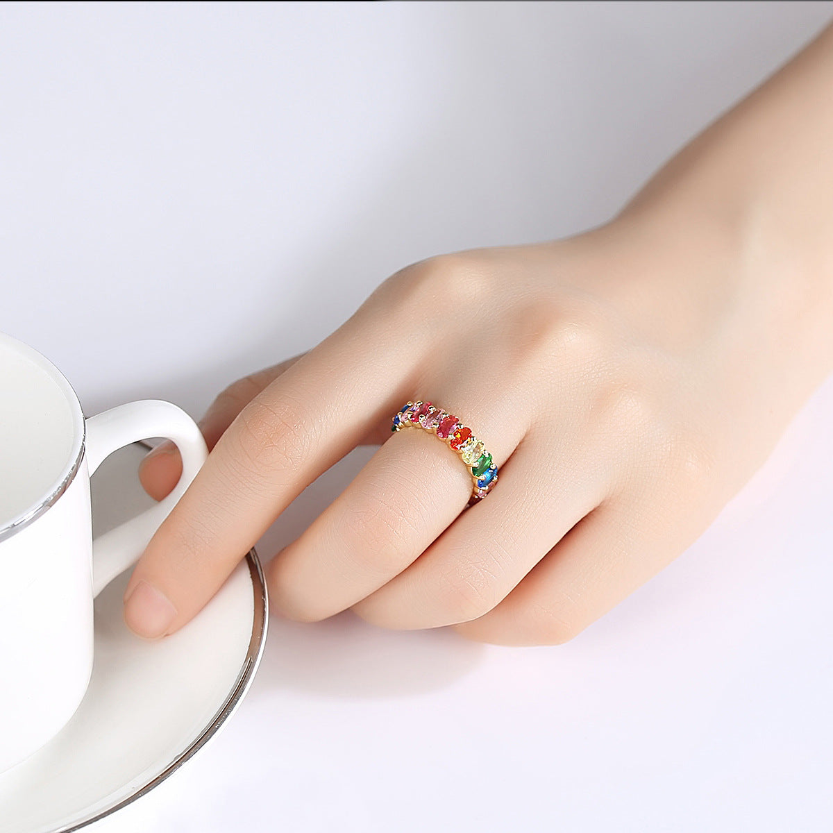 Multicolor Cubic Zirconia Gold Plated Engagement Band Ring AAA109