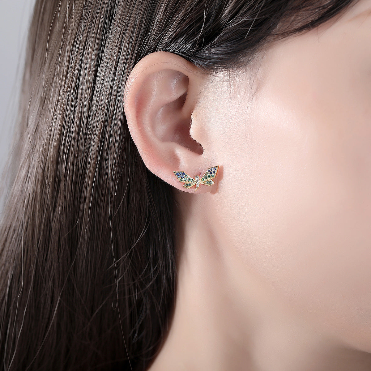 Gold Plated Dragonfly Cubic Zirconia Stud Earrings AAA1097
