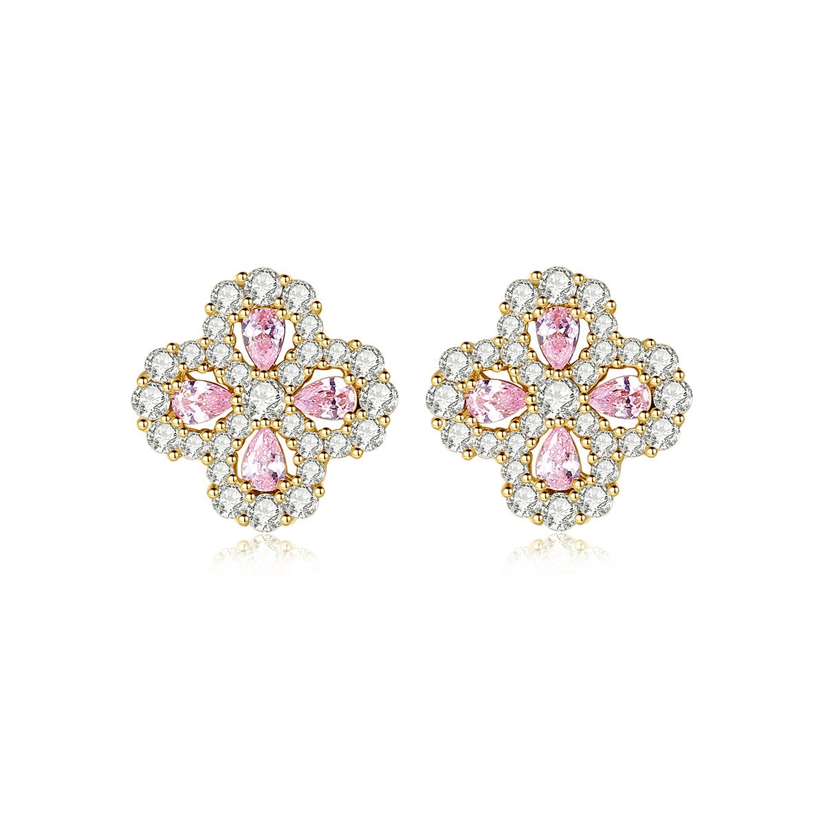 Gold Plated Pink & Clear Cubic Zirconia Flower Stud Earrings AAA1098