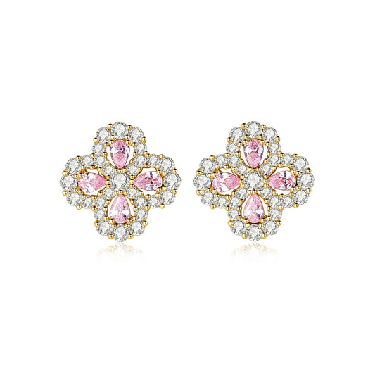 Gold Plated Pink & Clear Cubic Zirconia Flower Stud Earrings AAA1098