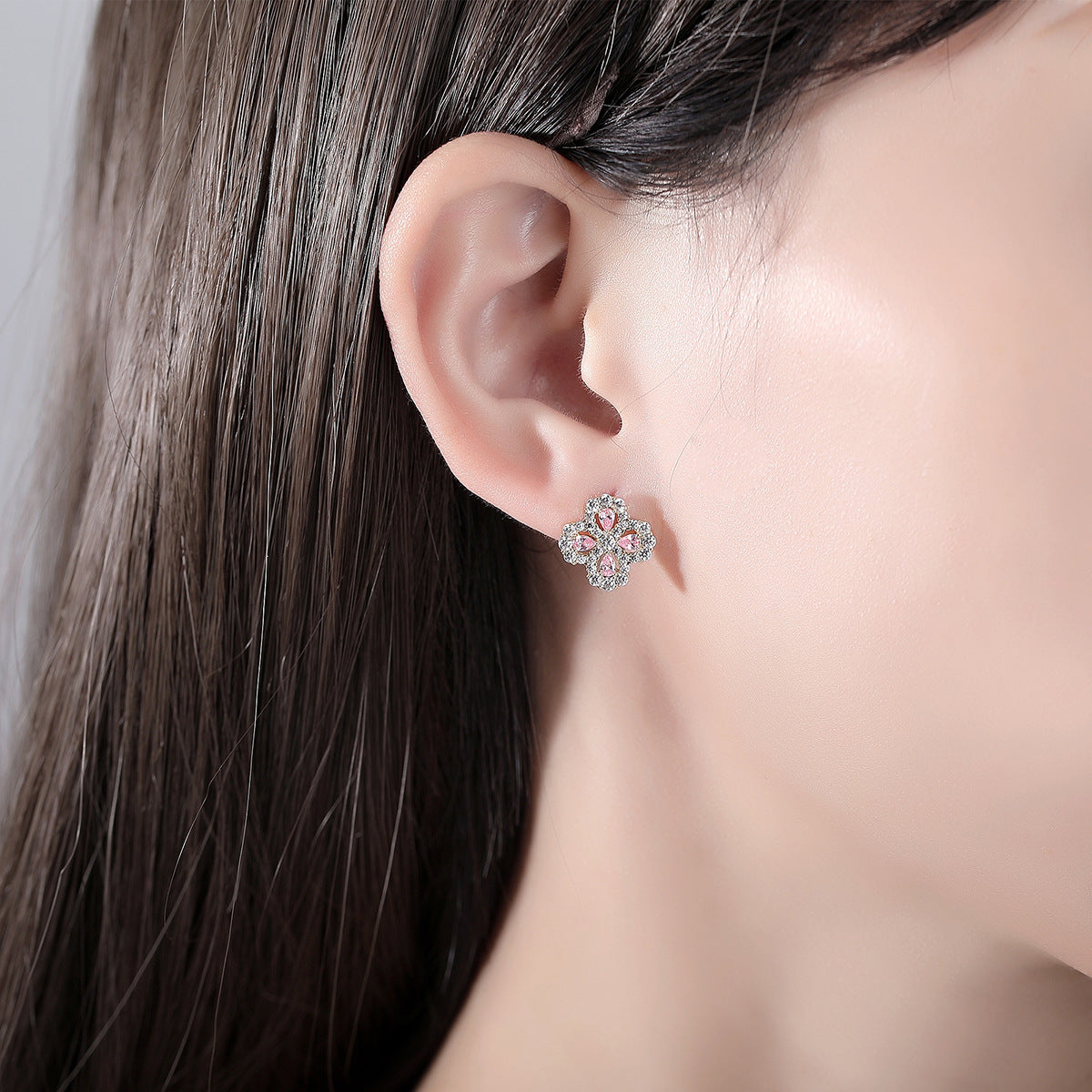 Gold Plated Pink & Clear Cubic Zirconia Flower Stud Earrings AAA1098