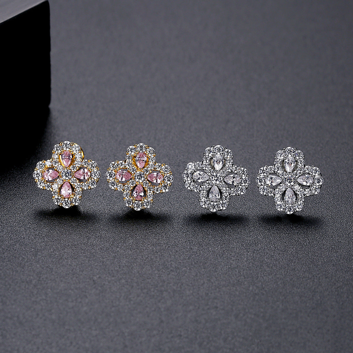 Gold Plated Pink & Clear Cubic Zirconia Flower Stud Earrings AAA1098
