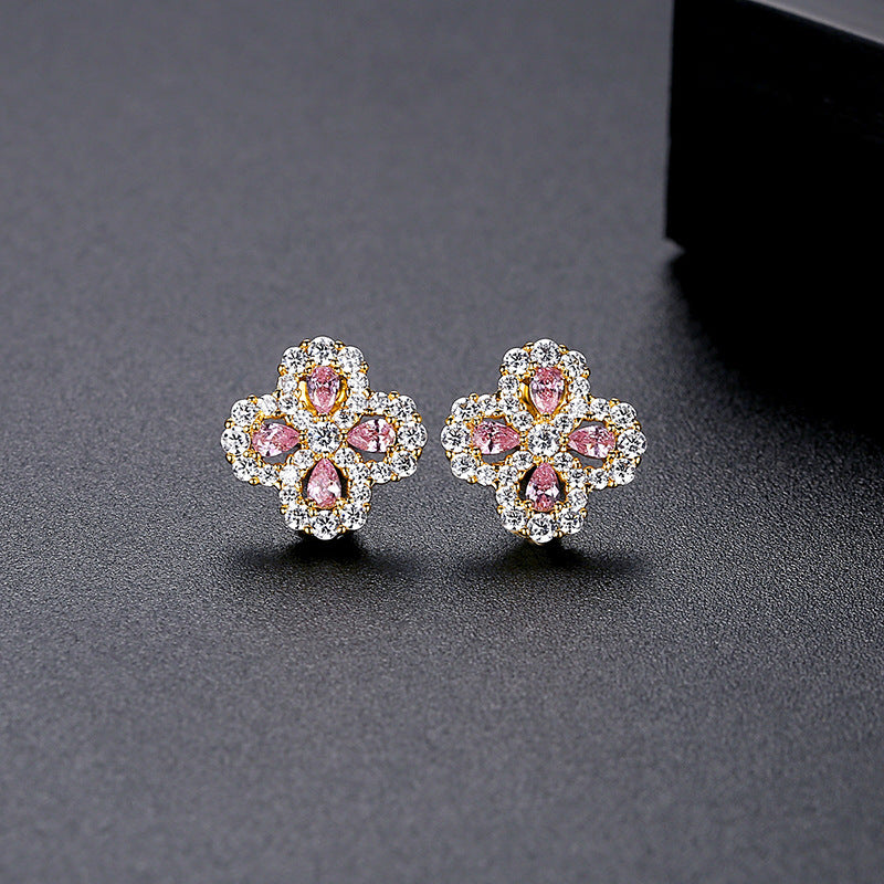 Gold Plated Pink & Clear Cubic Zirconia Flower Stud Earrings AAA1098