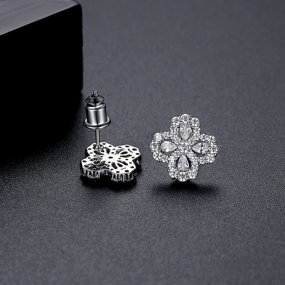Gold Plated Pink & Clear Cubic Zirconia Flower Stud Earrings AAA1098