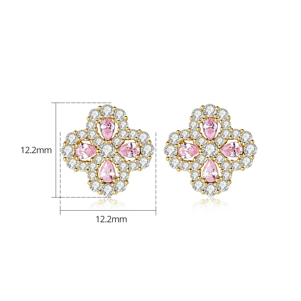 Gold Plated Pink & Clear Cubic Zirconia Flower Stud Earrings AAA1098