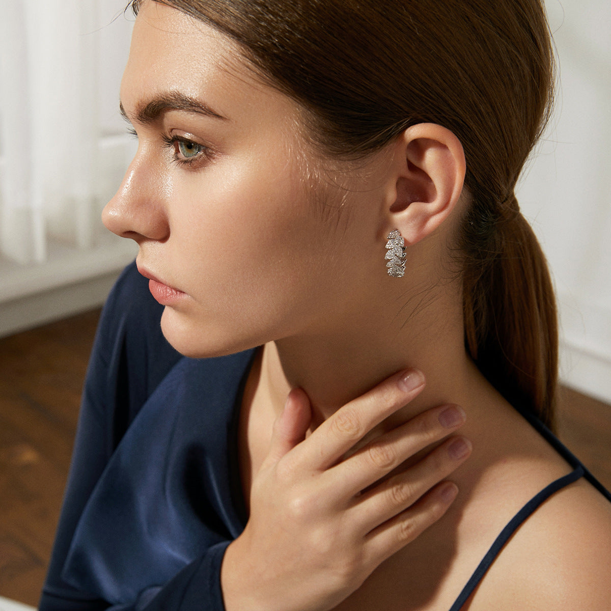 Gold Plated Cubic Zirconia Leaf C-Shape Hoop Earrings AAA1144