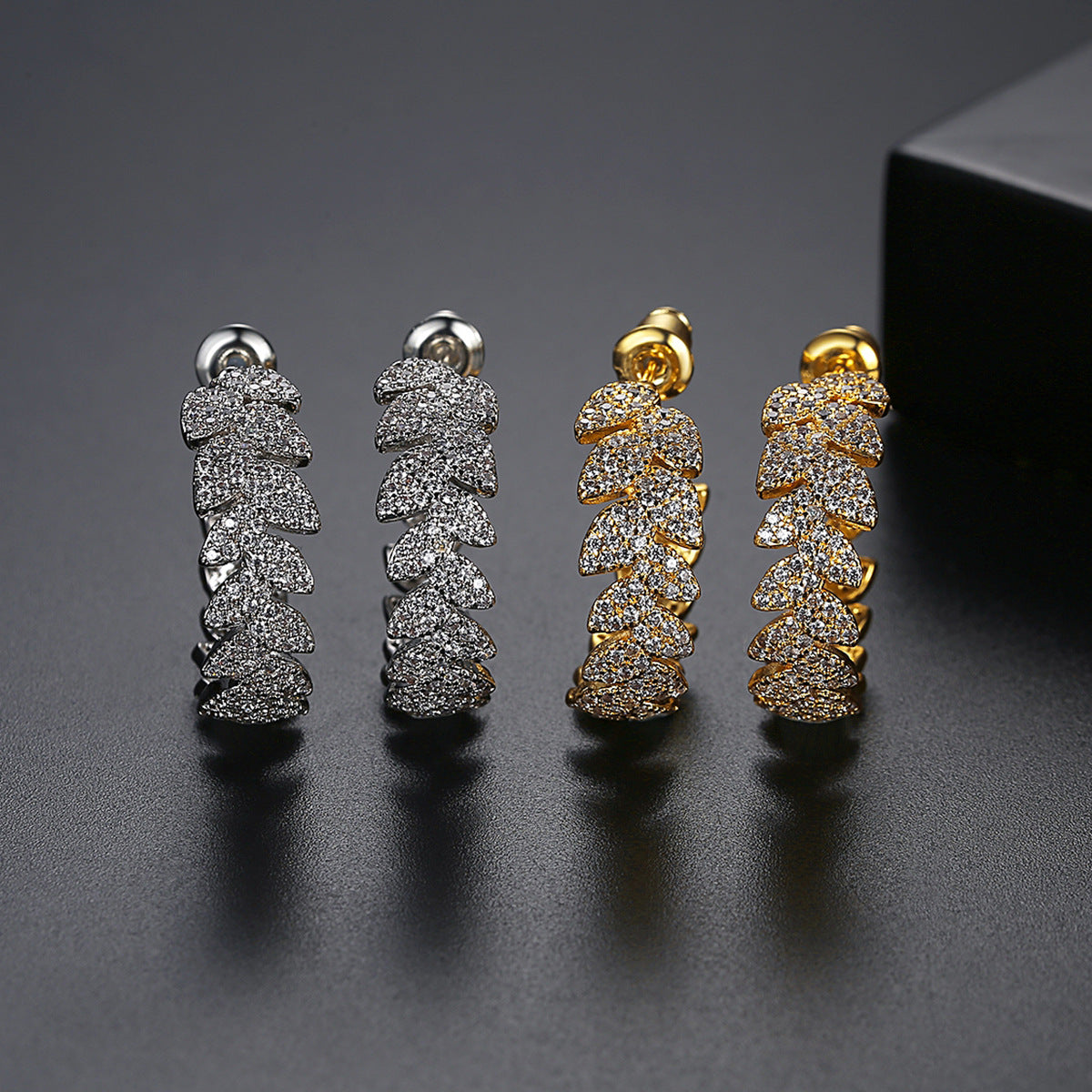 Gold Plated Cubic Zirconia Leaf C-Shape Hoop Earrings AAA1144