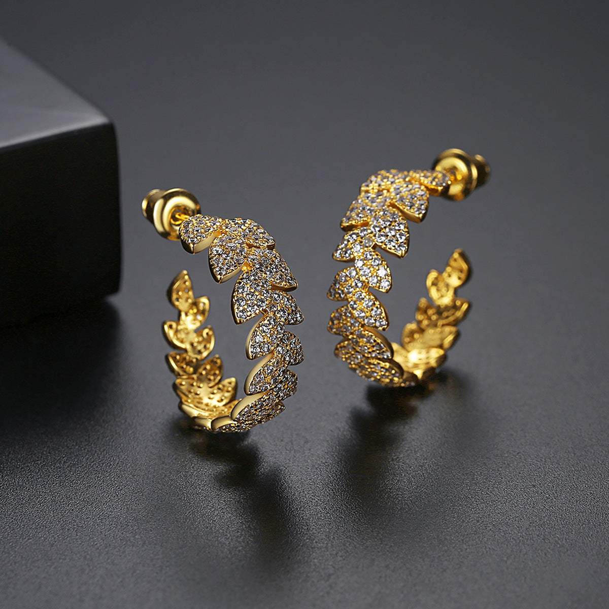 Gold Plated Cubic Zirconia Leaf C-Shape Hoop Earrings AAA1144