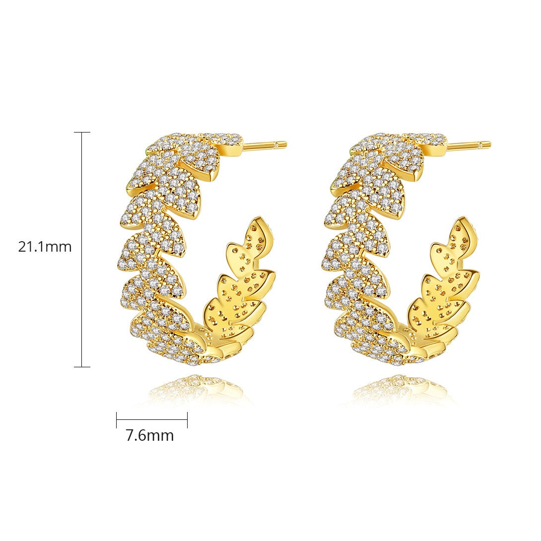 Gold Plated Cubic Zirconia Leaf C-Shape Hoop Earrings AAA1144