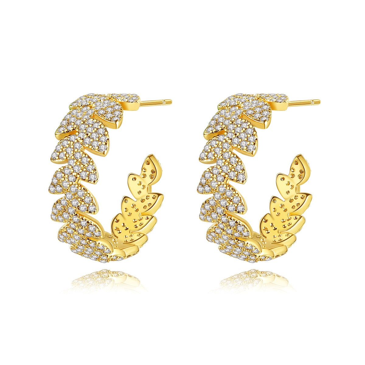 Gold Plated Cubic Zirconia Leaf C-Shape Hoop Earrings AAA1144