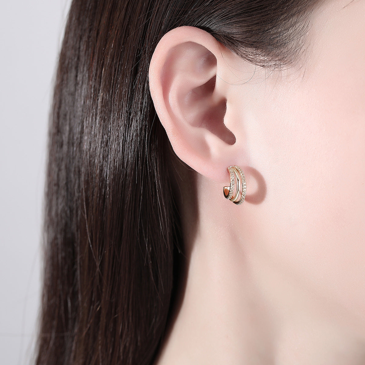 Triple Layer Cubic Zirconia Open C Shape Hoop Earrings AAA115