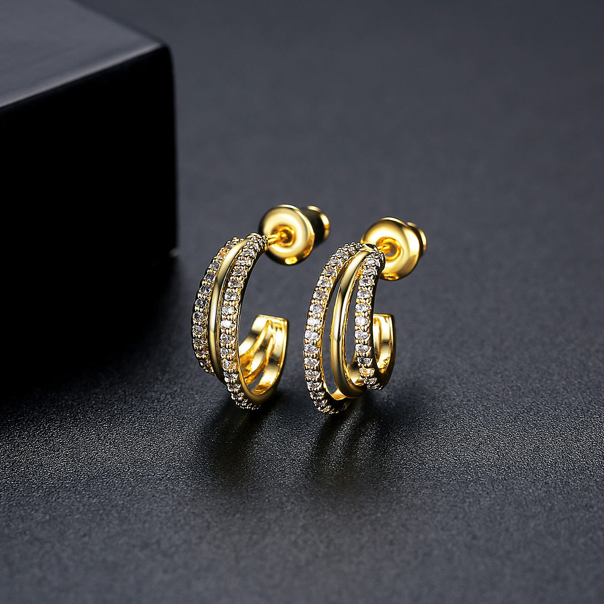 Triple Layer Cubic Zirconia Open C Shape Hoop Earrings AAA115