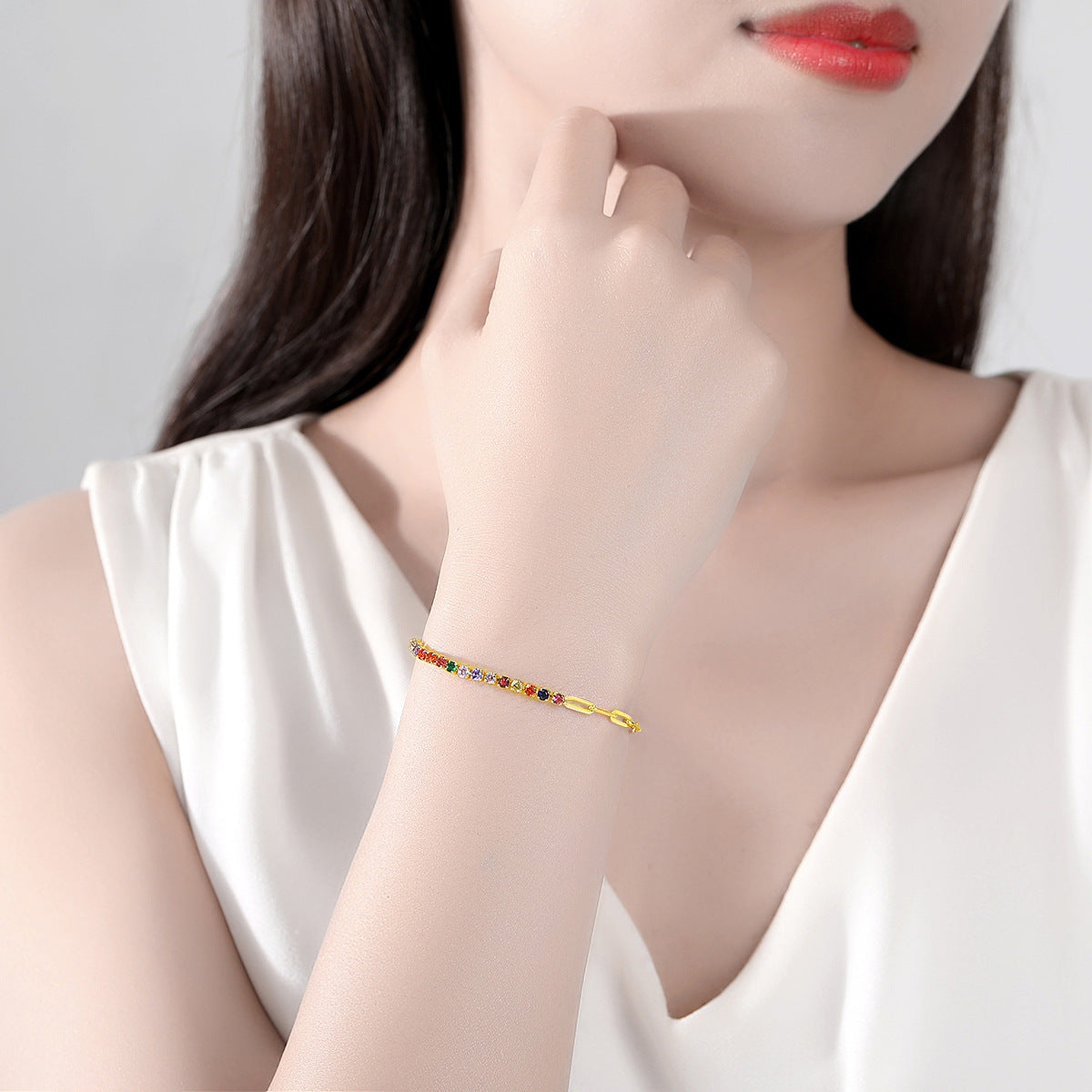 Gold Plated Mixed Color Cubic Zirconia Cup Chain Tennis Bracelet AAA1245