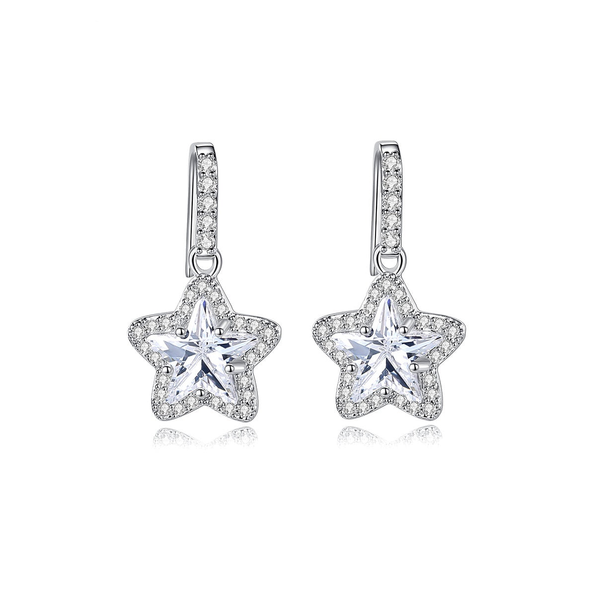 White Gold Plated Star Shape Cubic Zirconia Dangle Drop Earrings AAA1283