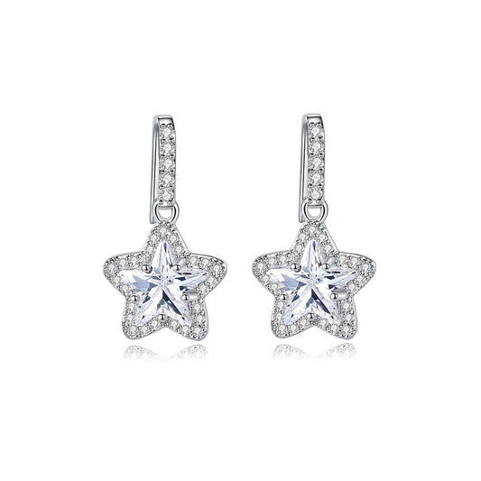 White Gold Plated Star Shape Cubic Zirconia Dangle Drop Earrings AAA1283