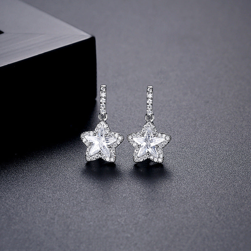 White Gold Plated Star Shape Cubic Zirconia Dangle Drop Earrings AAA1283