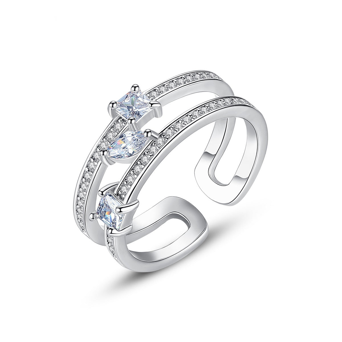 White Gold Plated Cubic Zirconia Double Layer Open Ring AAA129