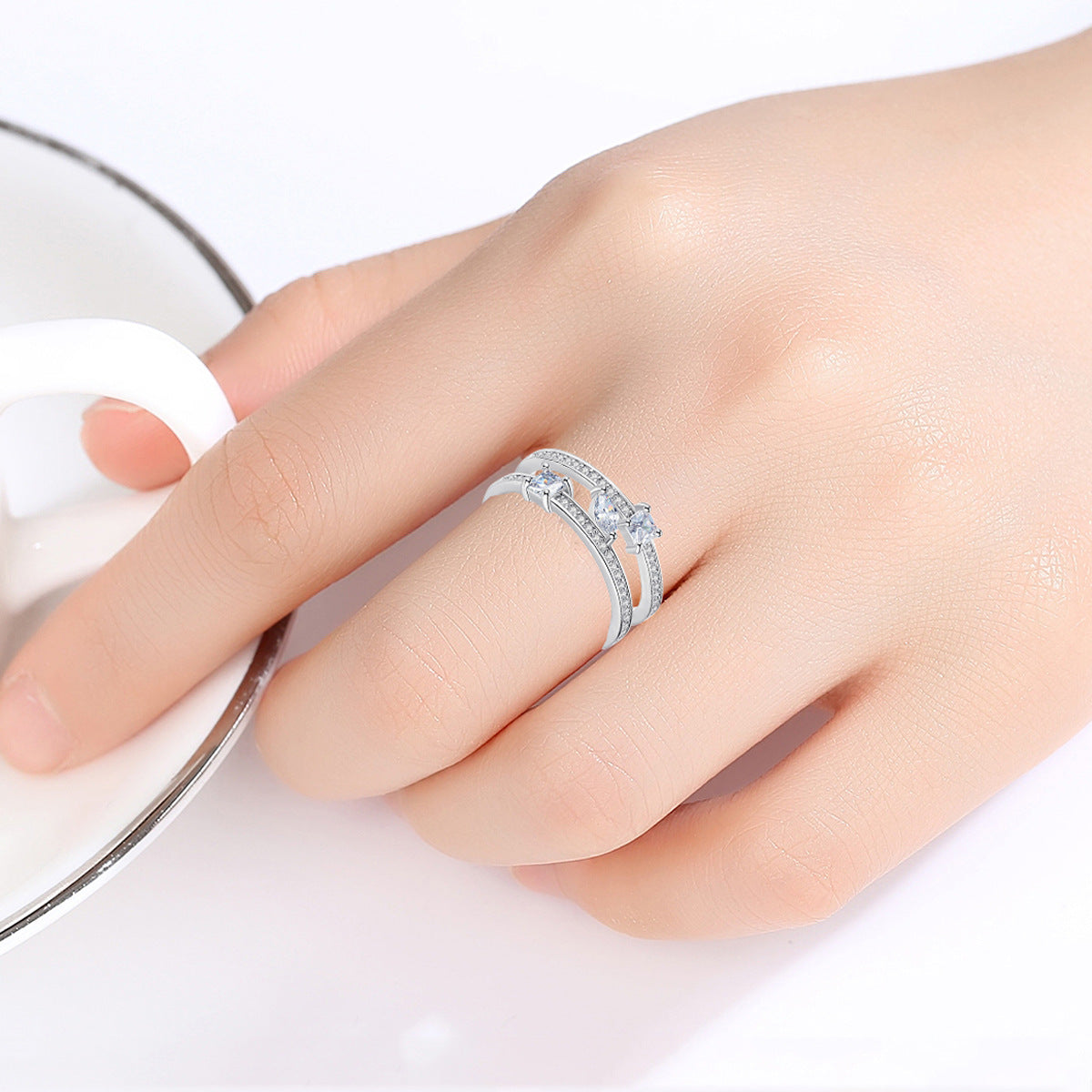 White Gold Plated Cubic Zirconia Double Layer Open Ring AAA129