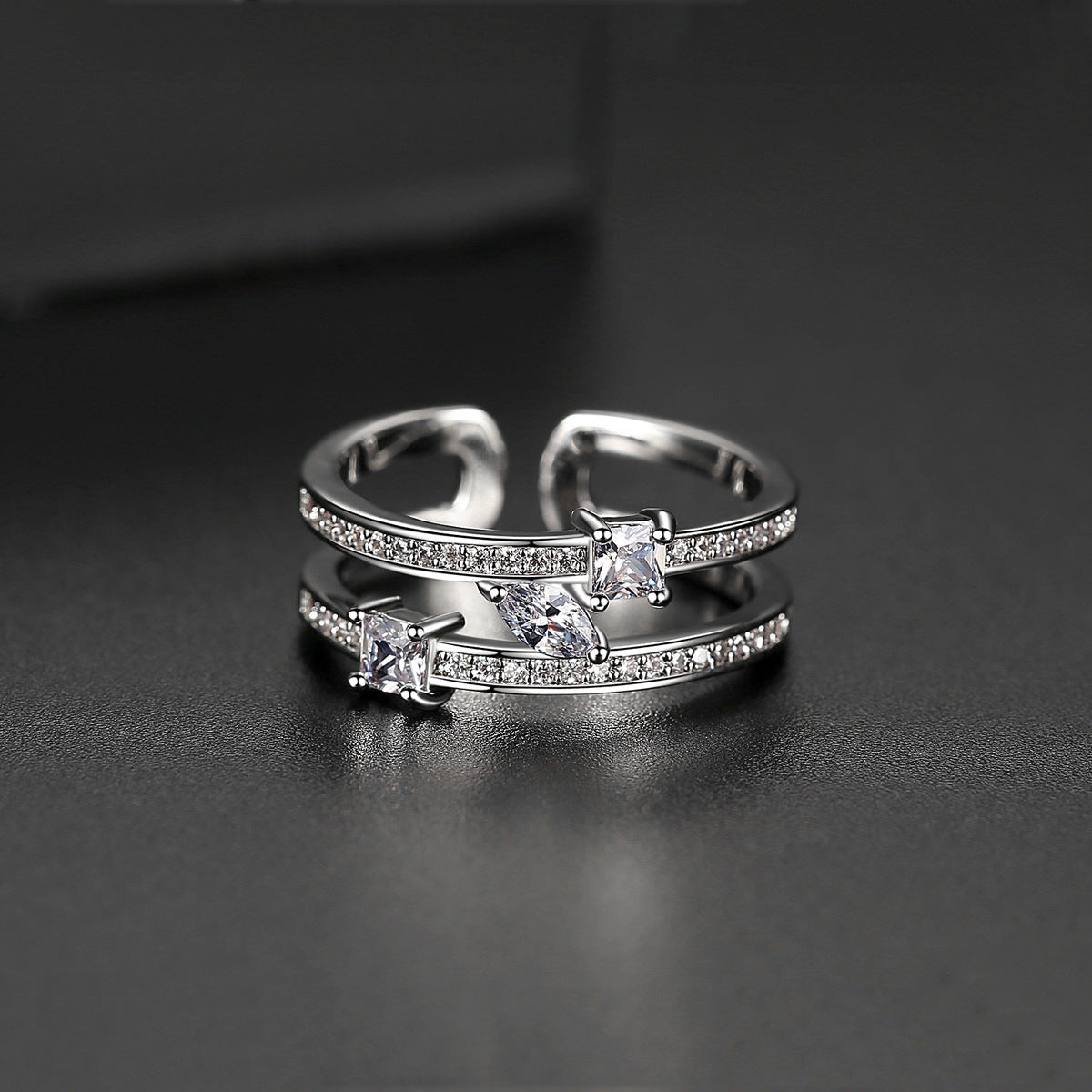 White Gold Plated Cubic Zirconia Double Layer Open Ring AAA129