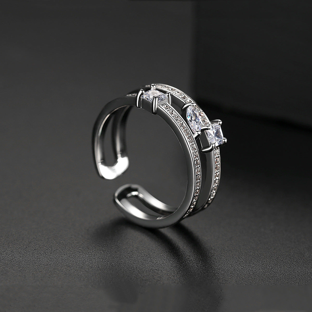 White Gold Plated Cubic Zirconia Double Layer Open Ring AAA129