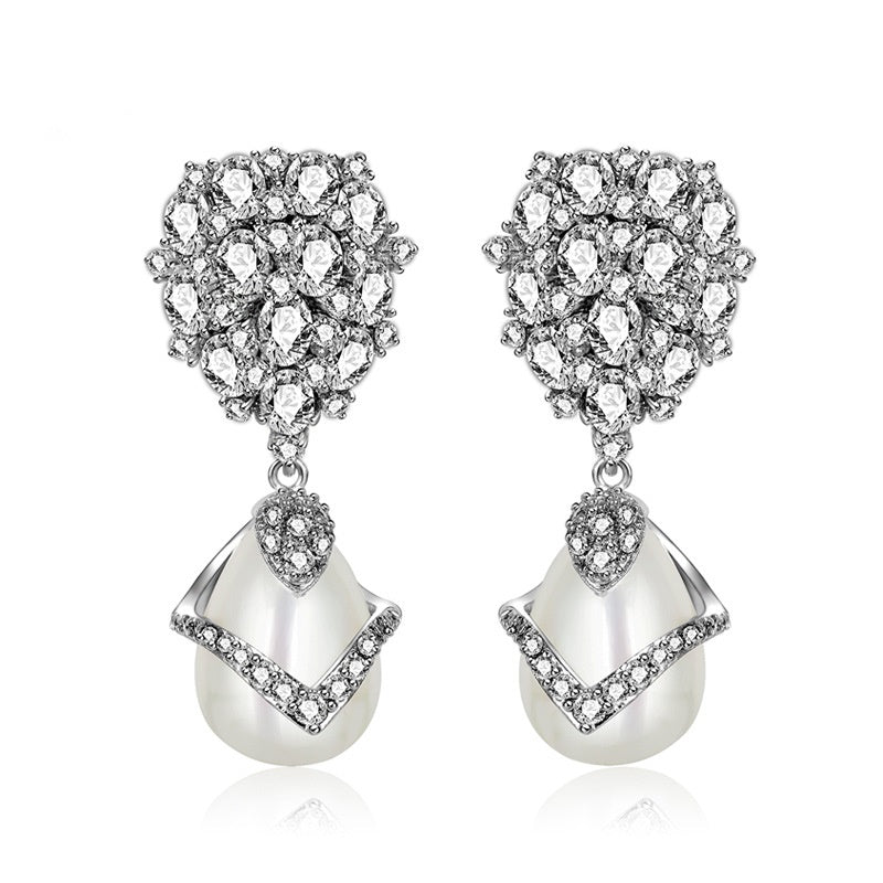 Water Drop Shape Faux Pearl Cubic Zirconia Dangle Earrings AAA1307
