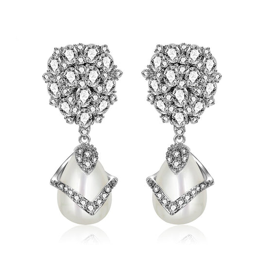 Water Drop Shape Faux Pearl Cubic Zirconia Dangle Earrings AAA1307
