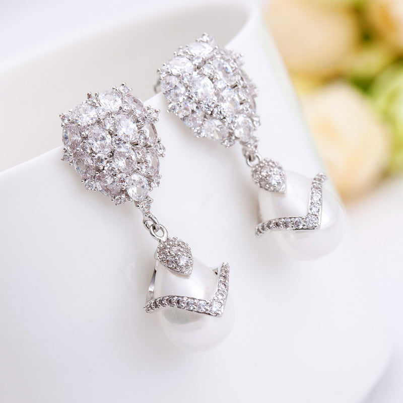 Water Drop Shape Faux Pearl Cubic Zirconia Dangle Earrings AAA1307