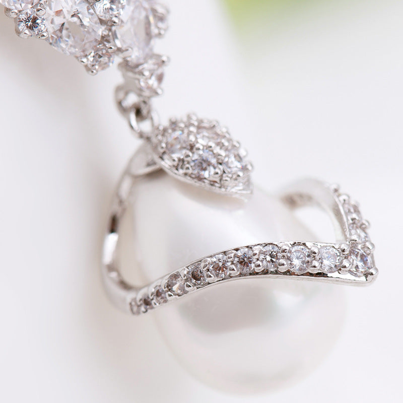Water Drop Shape Faux Pearl Cubic Zirconia Dangle Earrings AAA1307