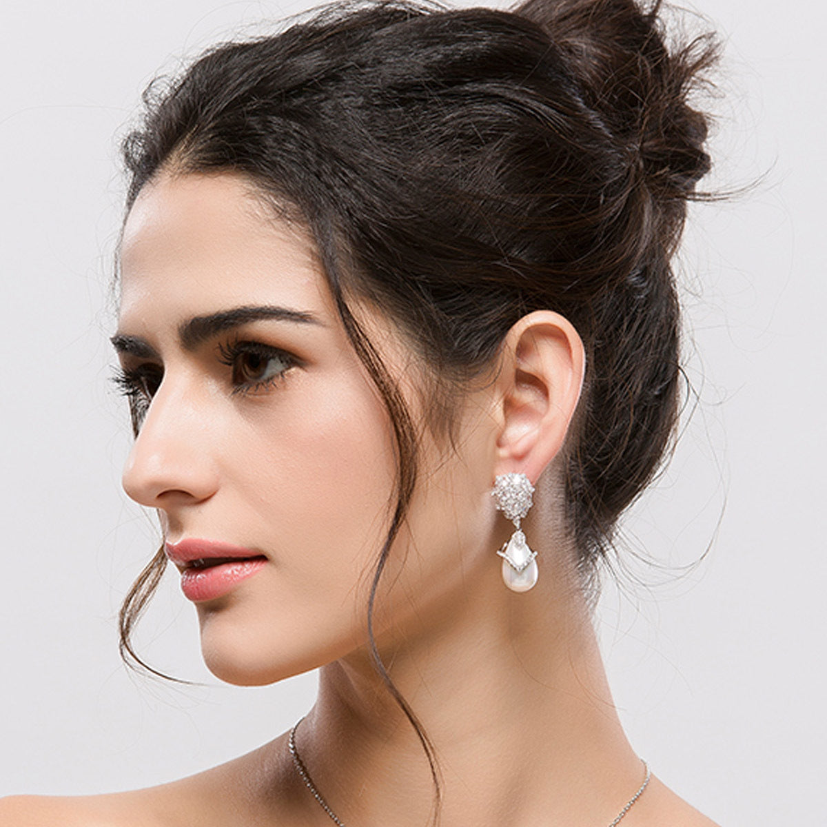 Water Drop Shape Faux Pearl Cubic Zirconia Dangle Earrings AAA1307
