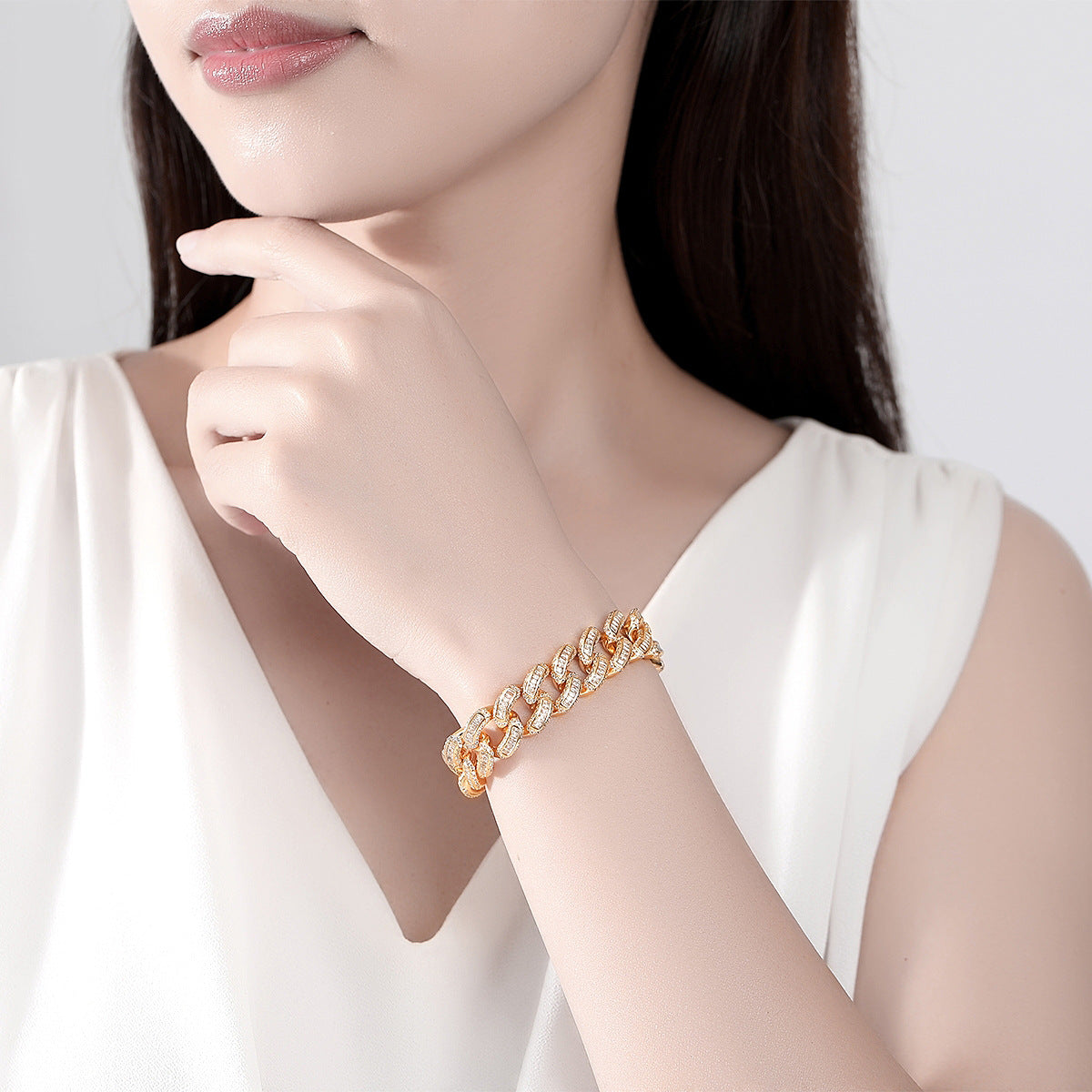 Hip Hop Gold Plated Cubic Zirconia Cuban Link Bracelet AAA1316
