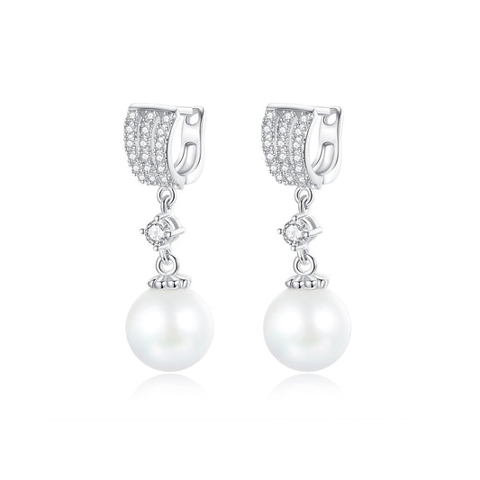 White Gold Plated Faux Pearl & Cubic Zirconia Dangle Huggie Earrings AAA1411