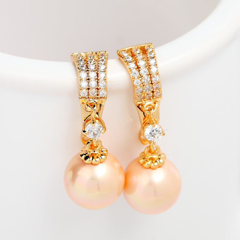 White Gold Plated Faux Pearl & Cubic Zirconia Dangle Huggie Earrings AAA1411