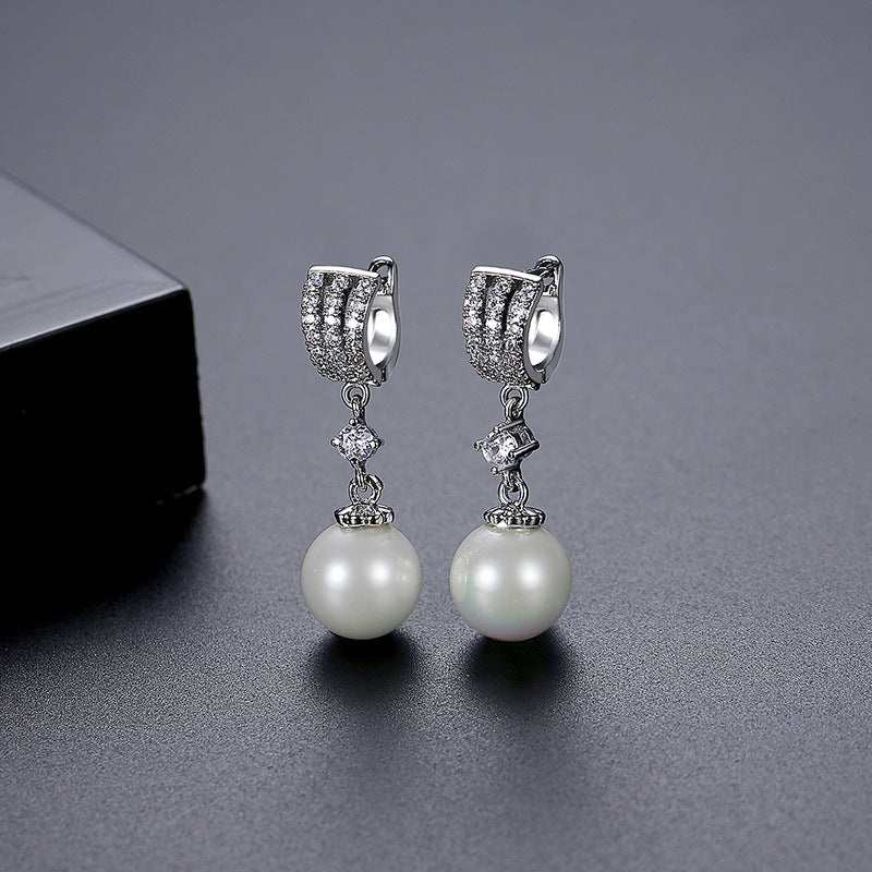 White Gold Plated Faux Pearl & Cubic Zirconia Dangle Huggie Earrings AAA1411
