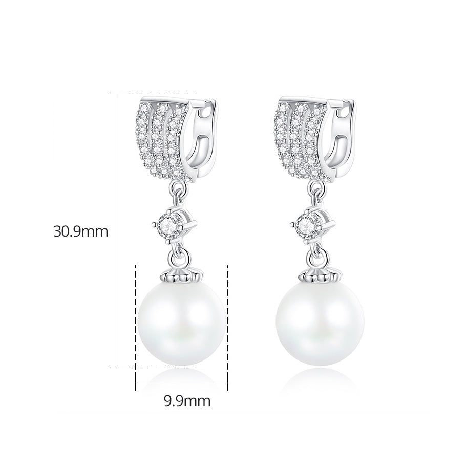 White Gold Plated Faux Pearl & Cubic Zirconia Dangle Huggie Earrings AAA1411