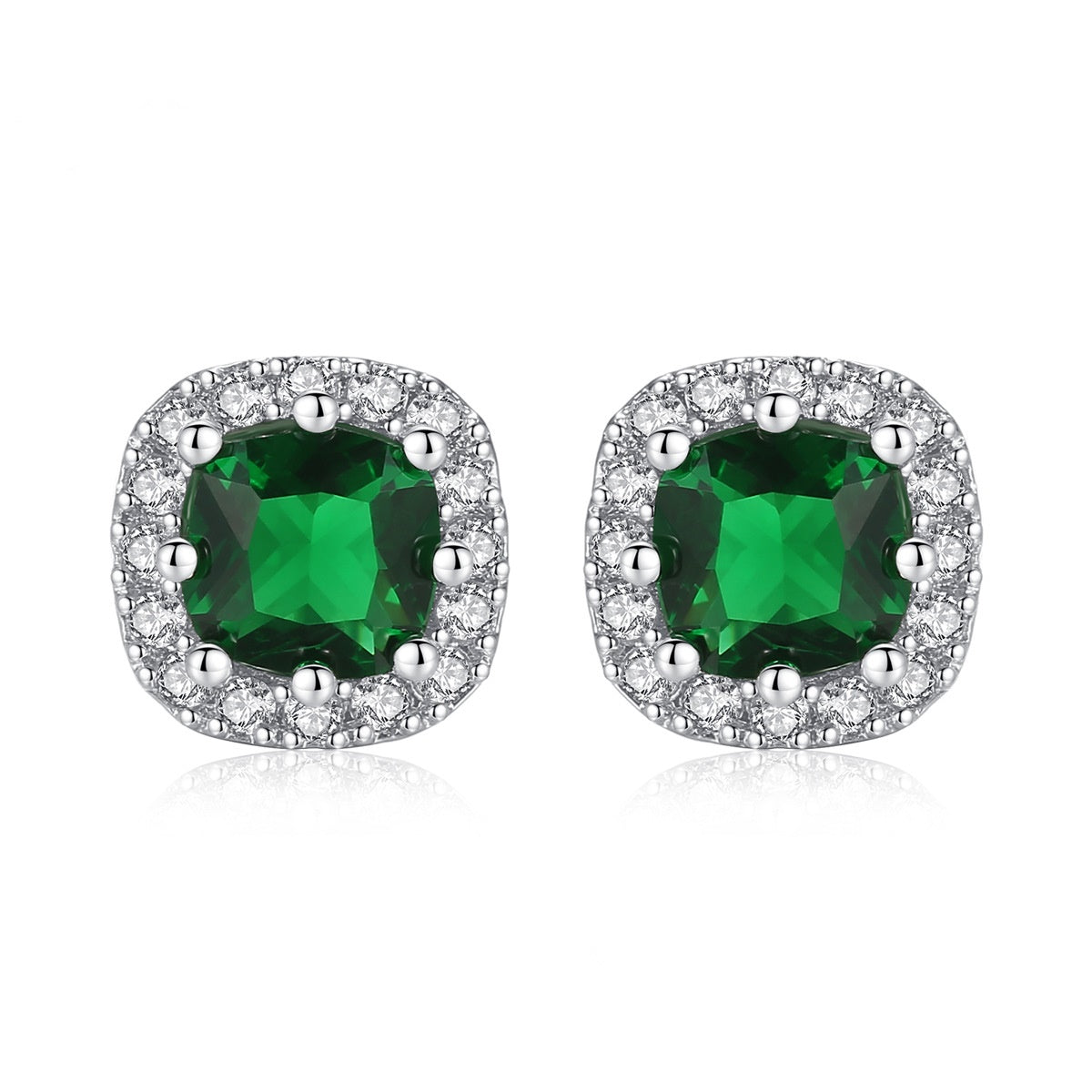 White Gold Plated Green Square Cubic Zirconia Stud Earrings AAA1544