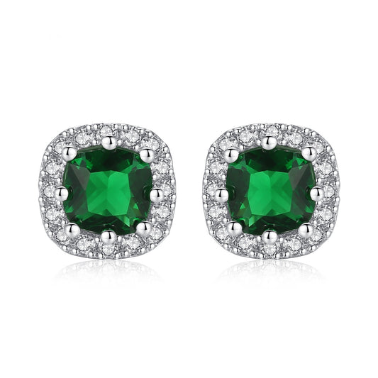 White Gold Plated Green Square Cubic Zirconia Stud Earrings AAA1544