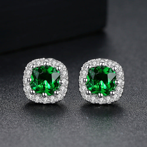 White Gold Plated Green Square Cubic Zirconia Stud Earrings AAA1544