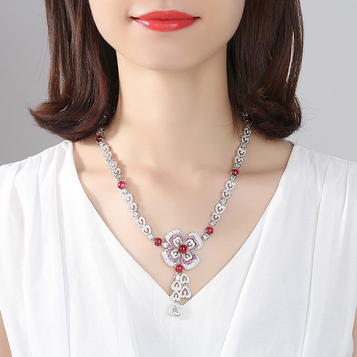 White Gold Plated Red Flower Heart Cubic Zirconia Statement Necklace AAA1570