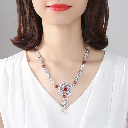 White Gold Plated Red Flower Heart Cubic Zirconia Statement Necklace AAA1570