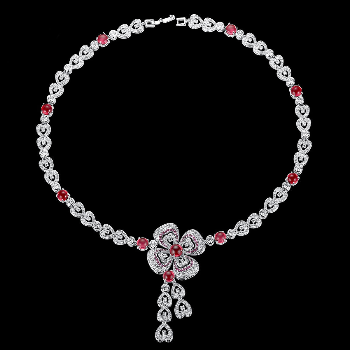 White Gold Plated Red Flower Heart Cubic Zirconia Statement Necklace AAA1570