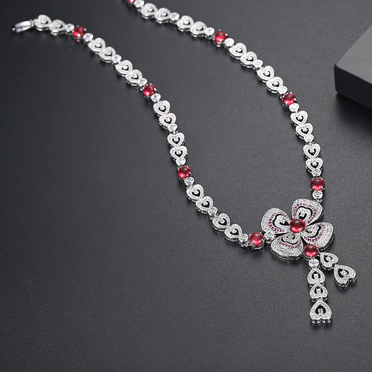 White Gold Plated Red Flower Heart Cubic Zirconia Statement Necklace AAA1570
